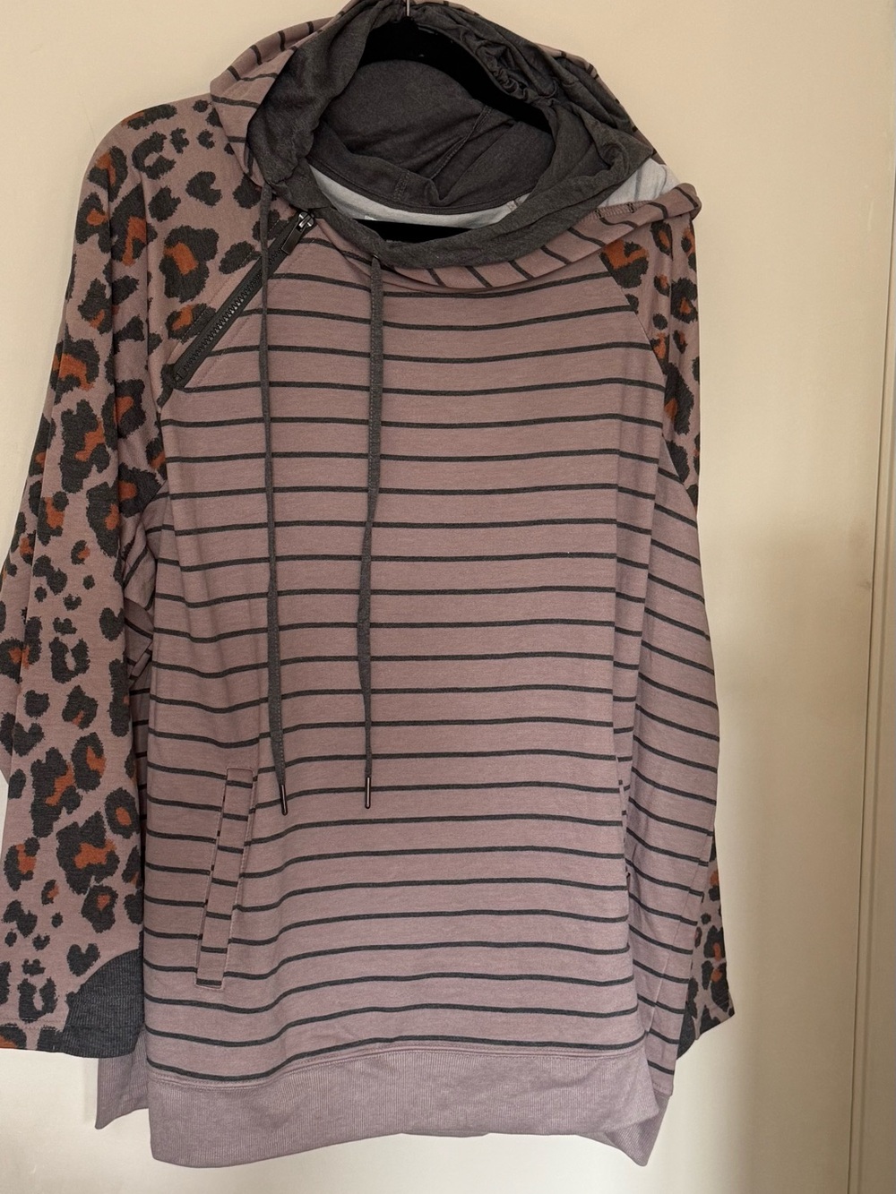 Maurices Mauve Striped Hoodie with Leopard Print Sleeves